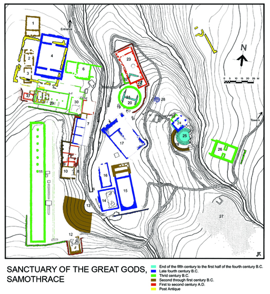 Plan of the Sanctuary. Our trenches were on the Eastern Hill near the Theatral Circle and on the Sacred Way.