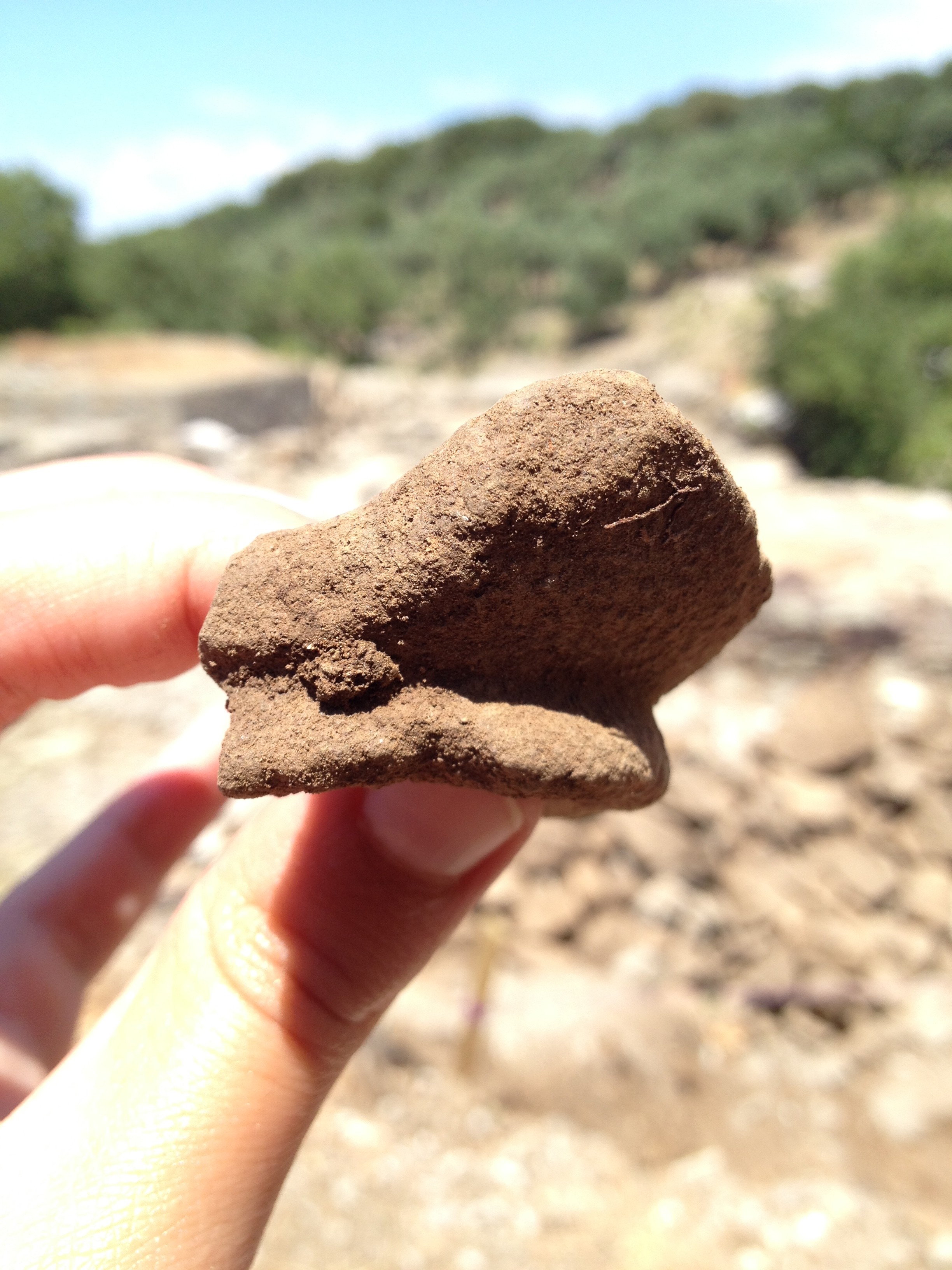 A broken coarse ware ring foot found during excavation of the Theatral Circle's retaining wall.